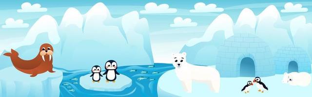 Polar landscape with cute cartoon animals with fish and iceberg, arctic scene with polar bear and penguins waving hands, seal sitting on snow, horizontal zoo poster for game design vector