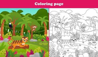Printable coloring page for kids with jungle paradise scene with cute toucan bird and tiger sitting on tree trunk vector