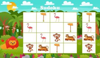 Kids sudoku game with cartoon lion and tiger in jungle. riddle with tropical animals characters vector