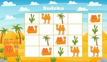 Kids sudoku board game with cartoon camel and cactus in desert. riddle with African animals characters vector