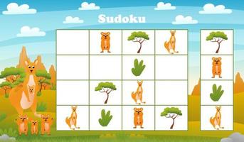 juego de mesa sudoku para niños con canguro de dibujos animados y quokka en el desierto. acertijo con personajes de animales australianos vector