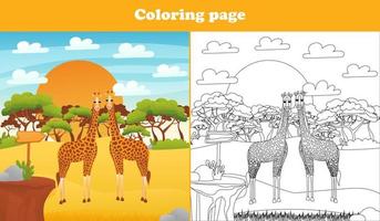 Safari desert landscape for kids with cute animal characters - giraffes, coloring page for children books, printable worksheet in cartoon style for school, animal wildlife theme