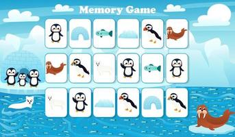 juego de memoria para niños en edad preescolar, tarjetas vectoriales con dibujos animados de animales del polo norte, página de actividades para el libro vector