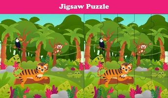 Jigsaw puzzle for kids with cute tropical jungle animals - toucan and tiger, monkey, printable worksheet for children vector
