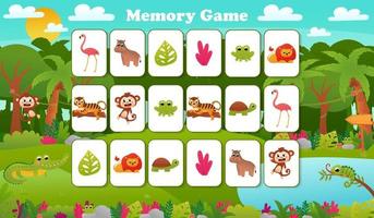 juego de memoria para niños en edad preescolar, tarjetas vectoriales con dibujos animados de animales de la selva tropical, página de actividades para el libro vector