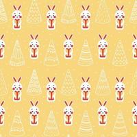 Christmas seamless pattern with cute bunny character and christmas tree on yellow background vector