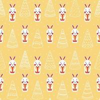 Christmas seamless pattern with cute bunny character and christmas tree on yellow background vector