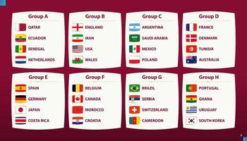 World football 2022 participants flags sorted into groups. vector