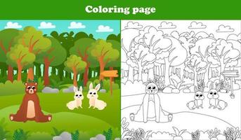 Printable coloring page for kids with woodland scene with bear and cute rabbits, worksheet for school children books vector