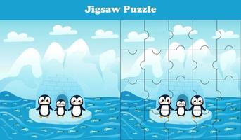 Jigsaw puzzle game with north pole wildlife - cute penguins, printable worksheet for kids in cartoon style, logical game vector