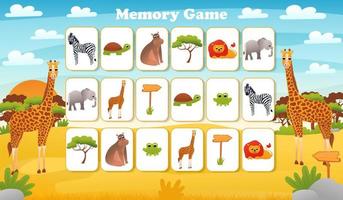 Memory game for preschool children, vector cards with cartoon safari desert animals, activity page for book