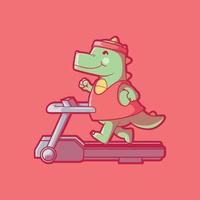 Cute Dino Character running on a treadmill. Sport, exercise, healthy design concept. vector