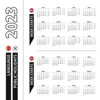 dos versiones del calendario 2023 en turco, la semana comienza el lunes y la semana comienza el domingo. vector