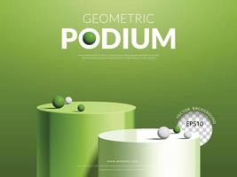 Geometric product display concept, green and white podium with ball on green background, vector illustration