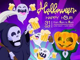 halloween special happy hour beer party poster invitation grim reaper little cute ghost pumpkin jack party vector