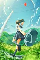una niña de la escuela japonesa corre felizmente a casa en el campo y ve el globo adjunto con un sobre de carta. vector