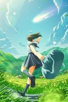 a Japanese school girl is running happily home in the countryside and notices the falling of a massive comet into the earth's atmosphere vector