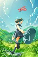 el estilo anime de una colegiala japonesa corre alegremente a casa en el campo con un zepelín volando en el cielo