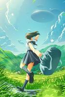 a Japanese school girl running happily home in the countryside and seeing the fleet of huge ufos in the sky vector