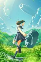 una colegiala japonesa corriendo felizmente a casa en el campo y viendo un enorme ovni en el cielo vector
