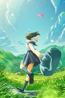 a Japanese school girl running happily home in the countryside and noticing the paper plane is floating in the air vector