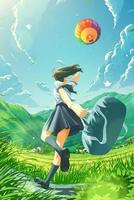 a Japanese school girl is running happily home in the countryside and notice an air balloon floating in the sky vector