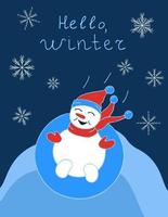 Winter postcard with a picture of a snowman riding down a doodle-style slide vector