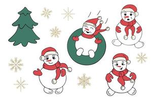 Vector set of snowmen, Christmas trees, snowflakes on a white background in doodle style