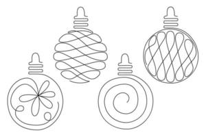 Continuous drawing of Christmas balls. A set of new balloons in the style of line art. Vector on a white background.