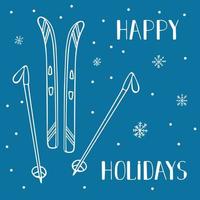 Vector winter background - skis and sticks in the doodle style on a background of snowflakes. Happy holidays.