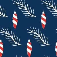 Seamless vector pattern with a Christmas tree toy and a tree branch on a blue background.