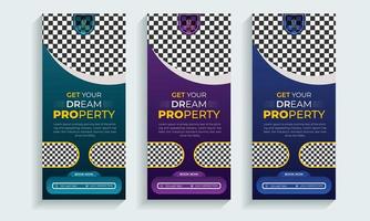 Real Estate roll up banner or cover design template, Vertical, Horizontal and luxury background with standard size, Modern and luxury property, home or house sale advertising post. vector