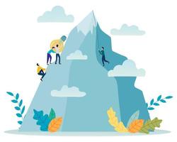 Vector illustration.People are climbing the mountain with the electric light bulb.The concept of joint overcoming of difficulties and teamwork.