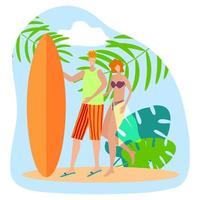 Flat vector illustration.Cheerful young people stand next to a surfboard. The concept of youth, beach, sea and surfing.