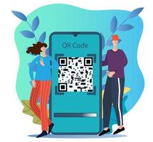 ilustración de vector plano. la gente usa teléfonos inteligentes para escanear el código qr. se puede usar para banner, póster y sitio web.