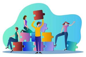 People collect puzzles.The concept of collaboration, unity and joint solutions to problems.Flat vector illustration.