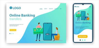 Landing page design web page online banking transfers. The concept of a flat vector illustration for developing a web site using adaptive design for mobile applications.