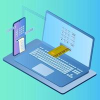 Online transfers.An isometric image of a smartphone and laptop transferring money using a credit card.The concept of transferring funds using modern technologies.Vector illustration. vector