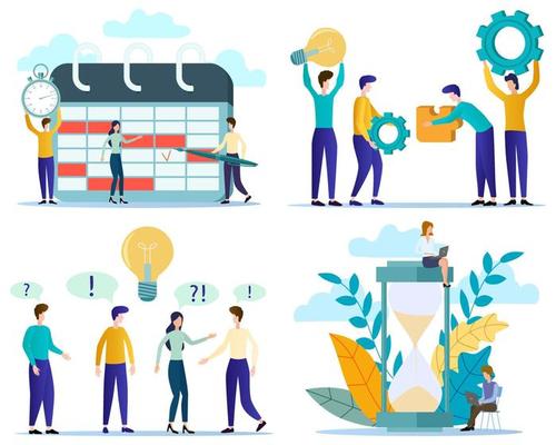Time management, work management, search for ideas, teamwork.A set of illustrations for the design.flat vector illustration.