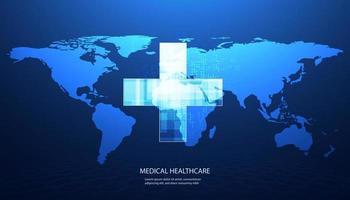 Abstract health science consist health plus and map wordl technology concept  modern medical on hi tech future blue background. vector