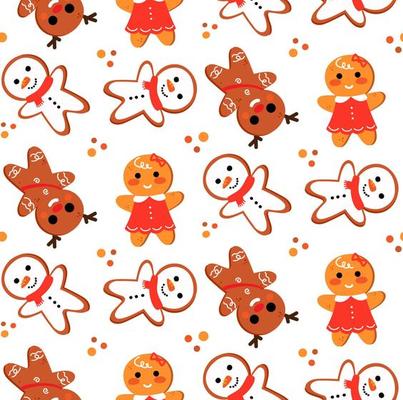 Gingerbread man is decorated in xmas hat seamless background texture. Cute vector pattern for new year's day, christmas, winter holiday, cooking, new year's eve, food, etc. Cute xmas background.
