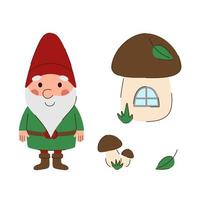 Happy gnome with mushroom house, mushrooms ans leaves isolated on white background. Dwarf in a red hat and green clothes. Children vector illustration