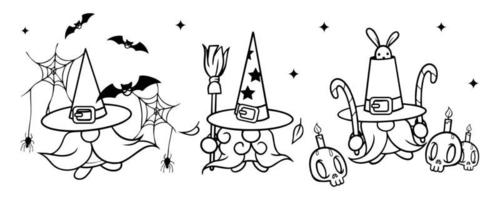 gnomo vectorial de halloween con sombrero con caramelo, conejo, murciélago, telaraña, vela y barba. Establecer tarjeta de felicitación de vacaciones de vector. truco o trato. aislado sobre fondo blanco. para volantes, invitaciones, tarjetas. vector