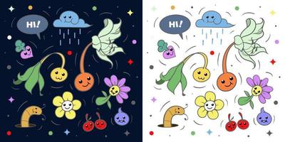 Happy Halloween. Monster plants colorful icon set line. Cute cartoon kawaii character. White and dark blue background. Flat design. Colorful big Vector set. Trendy illustration for kids.