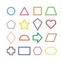 Collection of basic 2D shapes for kids learning, colorful geometric shape flash cards for preschool and kindergarten. Illustration of a simple 2 dimensional flat shape symbol set for education. vector