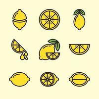 Yellow lemon icon set. Minimalist cartoon fruit outline symbol. Vector simple flat line thick fresh fruit. Lime, lemonade, oranges, citrus and leaves. Various shapes of whole objects and slices.