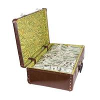 old opened brown suitcase full of hundred dollar banknotes isolated on white photo