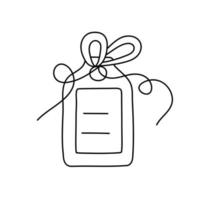 Tag with a bow in doodle style. Black and white vector illustration for coloring book.