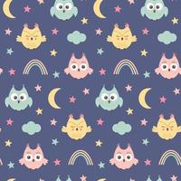 Seamless pattern with cute owls, rainbow, cloud and stars. Scandinavian boho print. vector