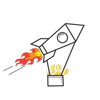 hand drawn doodle rocket with money symbol for boost income or investment illustration vector